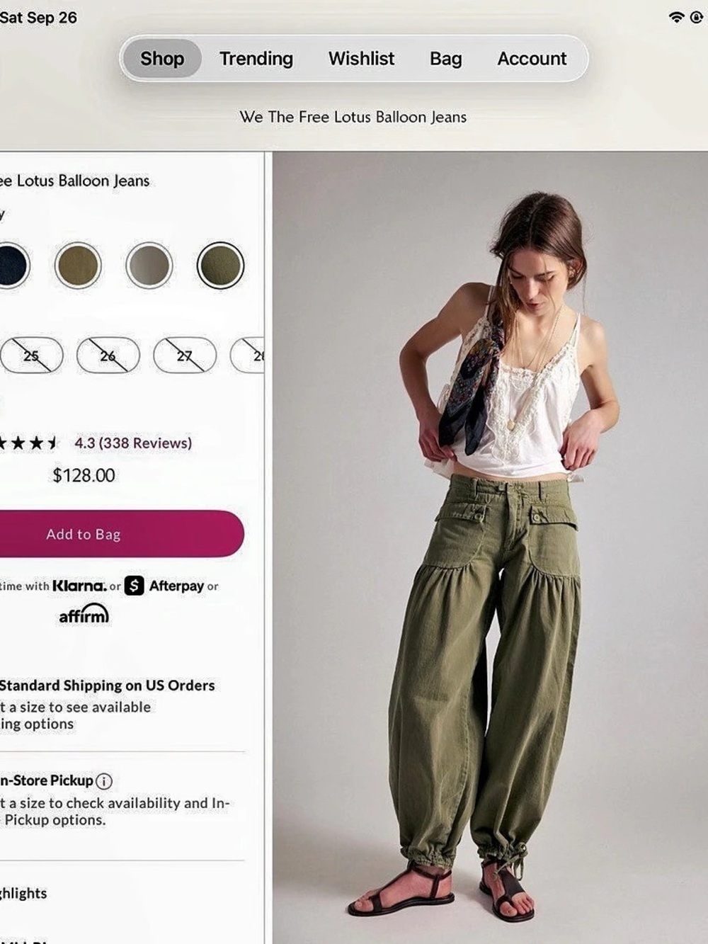We The Free Lotus Balloon Jeans in Green Waist 28 Like New - Picture 3 of 5